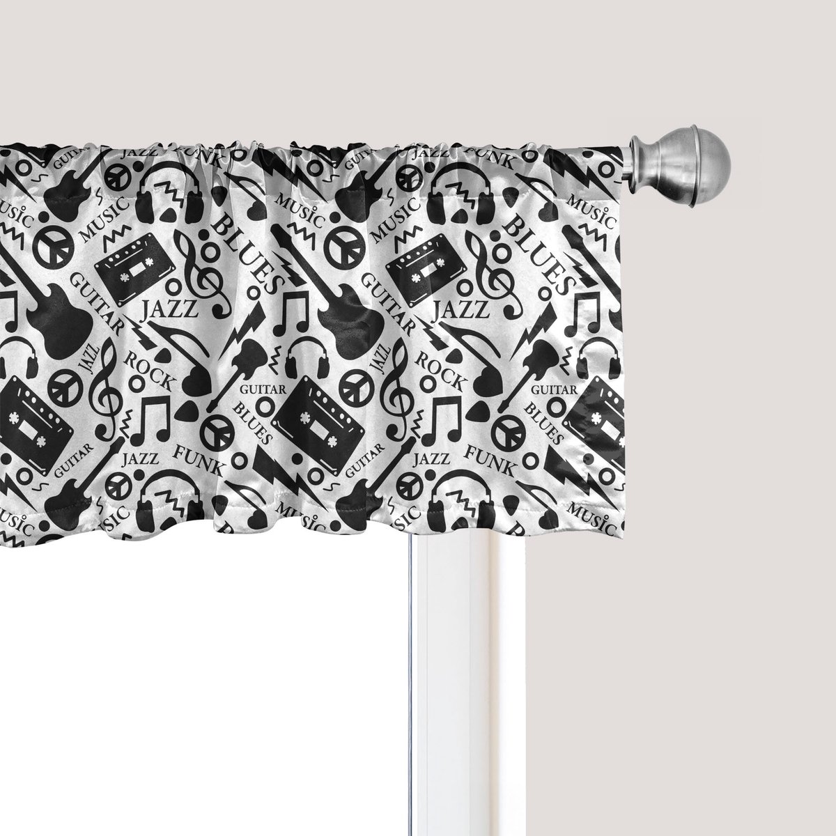 ABAKUHAUS Muziek Raamvalletje, Gordijnvalletje voor Keuken en Slaapkamer Decoratie met Tunnelzoom, 137 cm x 45 cm, Zwart en Wit