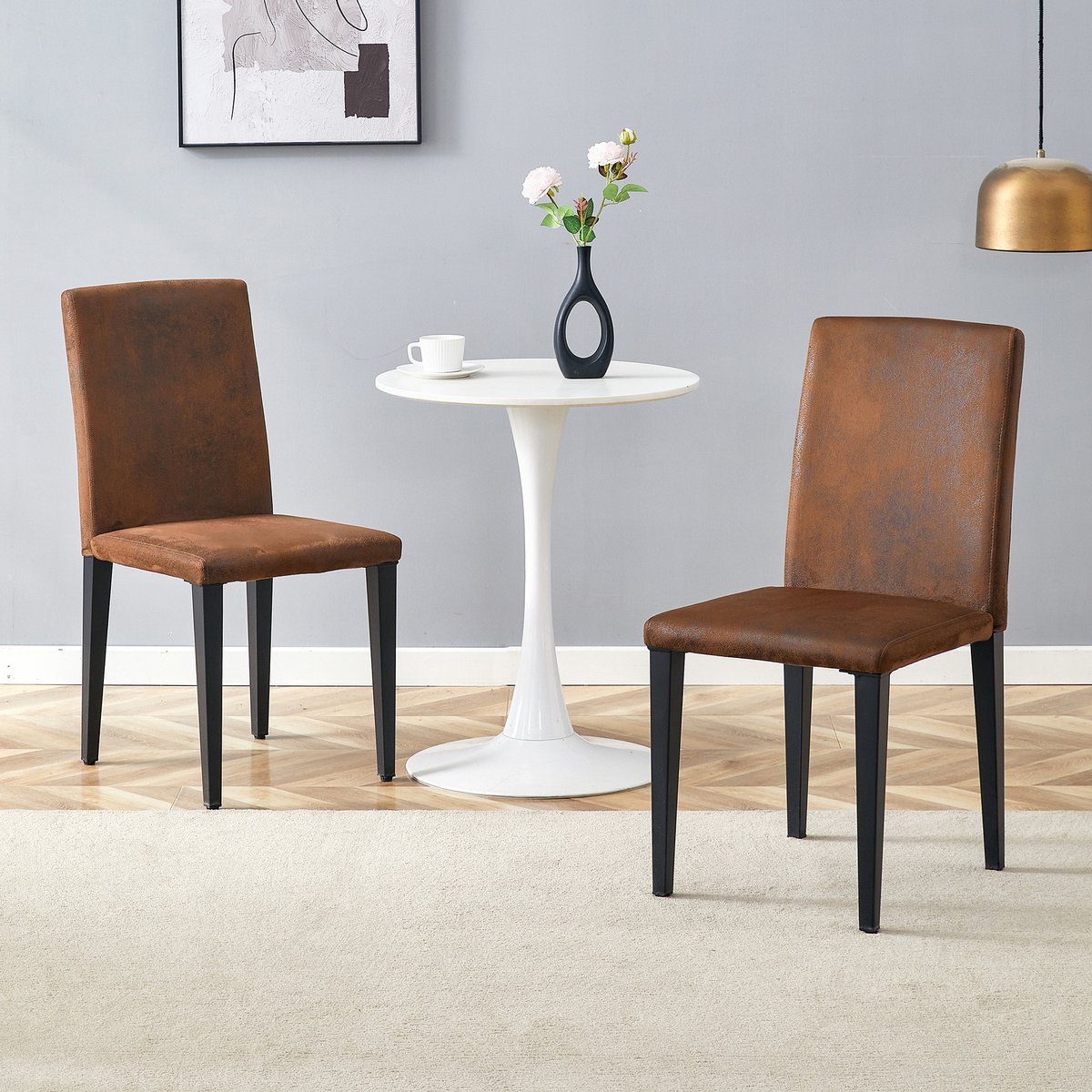 HAUSS SPOLE Eetkamerstoel Set Van 2 - Minimalistisch Design - Ergonomische Rugleuning En Comfort Zitting - Voor Eetkamer En Woonkamer - Stof En Metaal - Bruin Zwart Bruin+Zwart