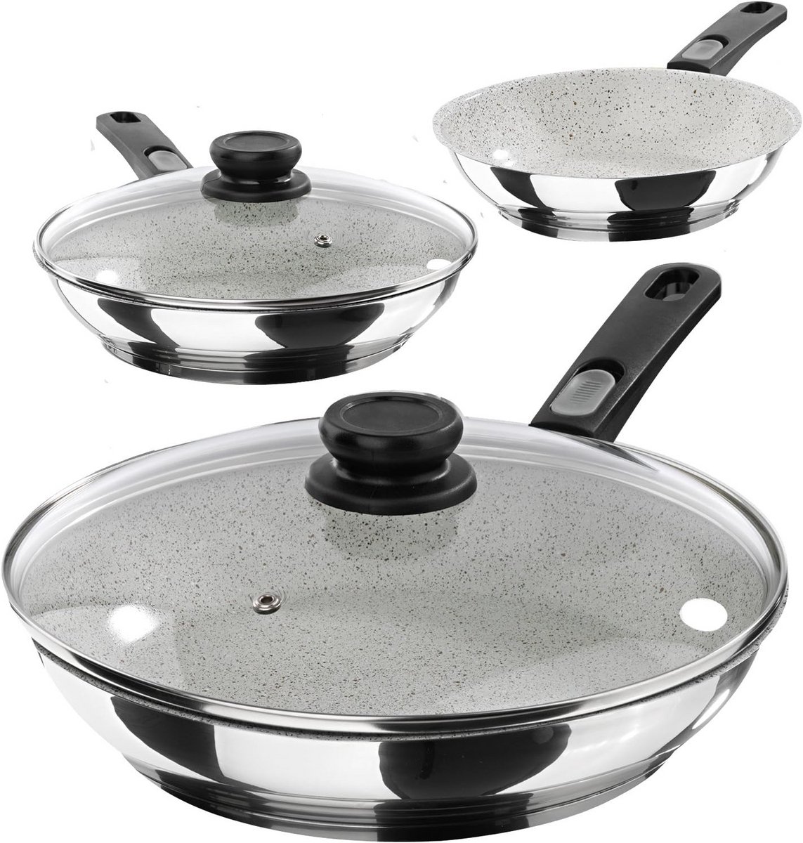 RVS Keramische Koekenpan Set 7-delig met Glazen Deksel en Afneembare Handvatten