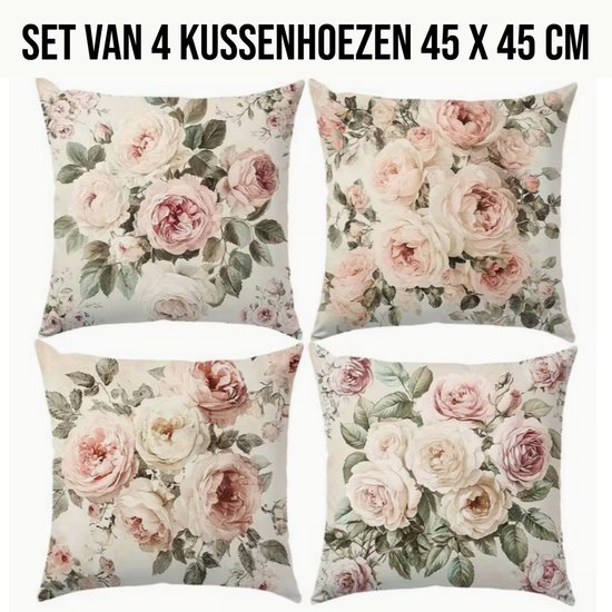 Allernieuwste.nl® Ensemble de 4 Taies d'Oreiller Roses Vintage 45x45 cm – Sans Rembourrage - Fermeture à Glissière Cachée – Coussin Décoratif pour Salon, Chambre à Coucher & Canapé