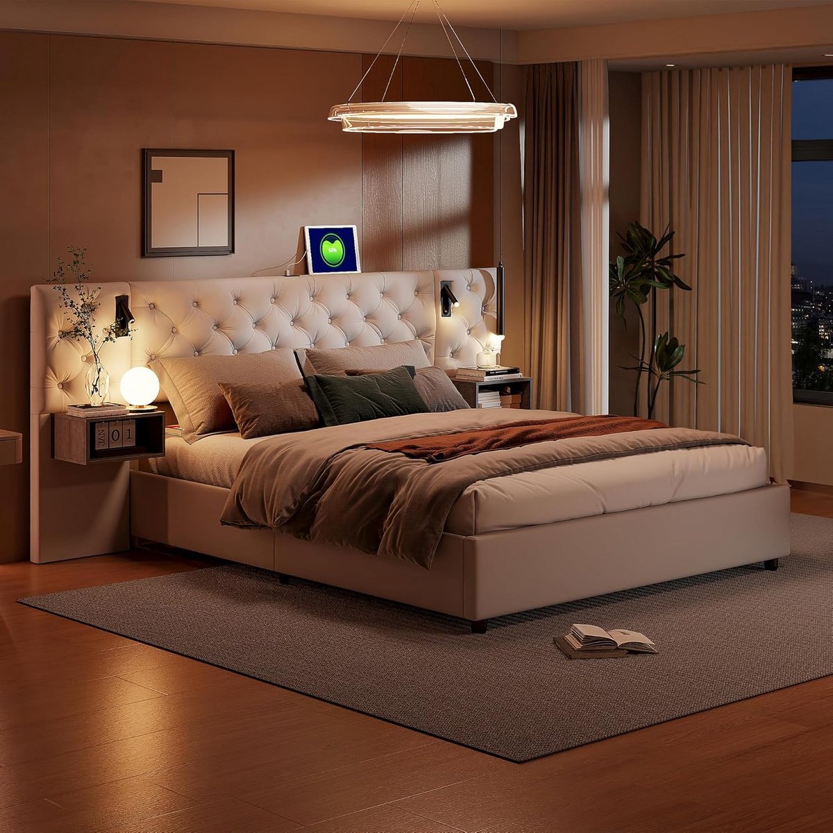 Tweepersoonsbed 160x200 cm met Hydraulische Opbergruimte, Hoofdeinde met USB en Leeslampen