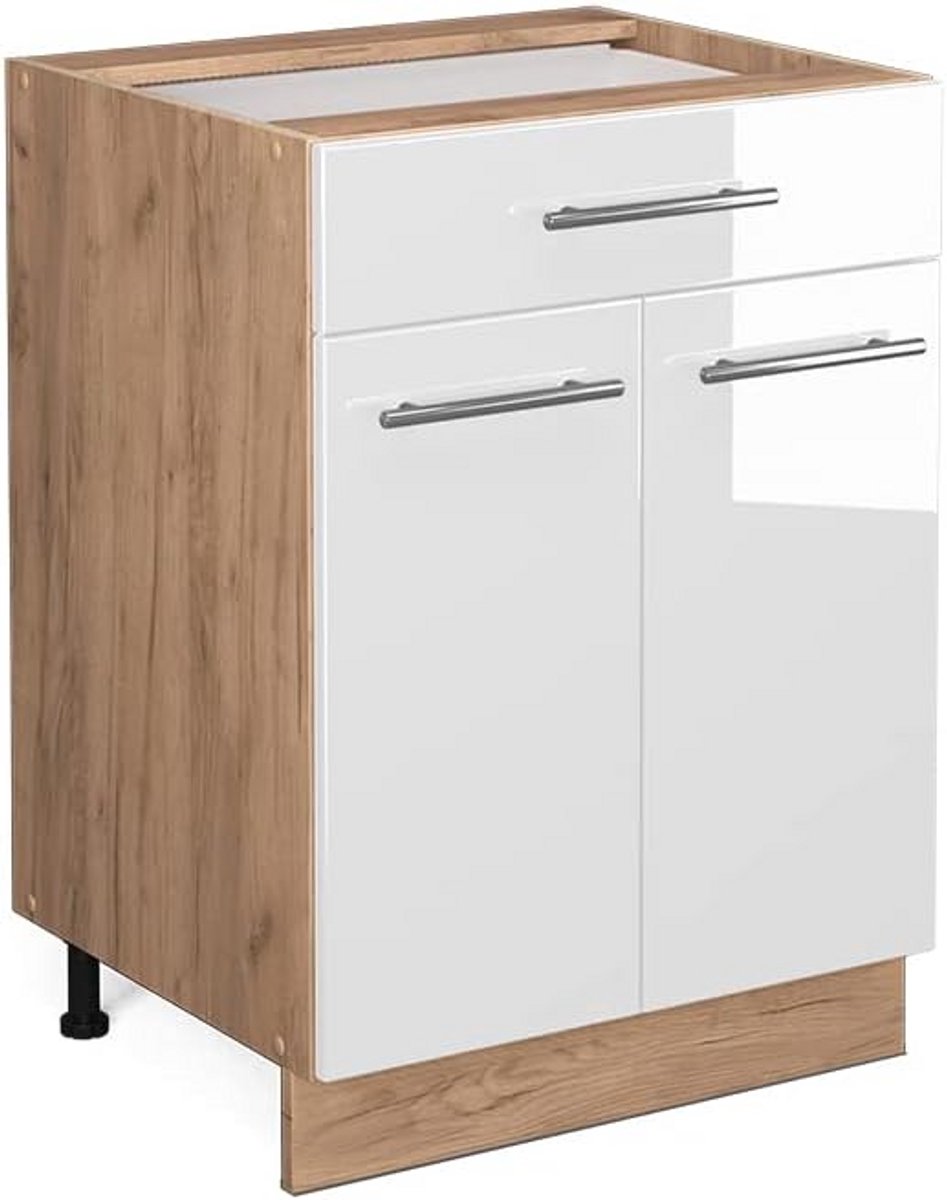 Keukenkast Ladeonderkast 60 cm Wit Hoogglans en Krachtig Eiken