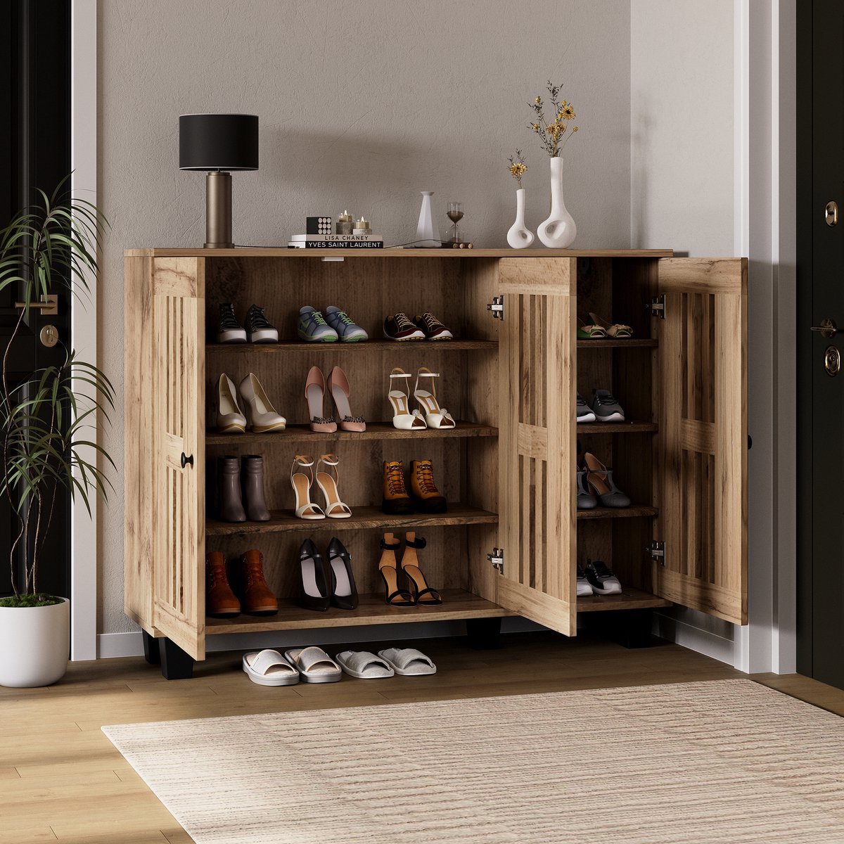 STILVORA Opbergkast - 3 Deuren Met Lattenlook - 8 Vakken Voor Woonkamer Slaapkamer Hal - Spaanplaat - Naturel Hout - 120x32x92 Cm