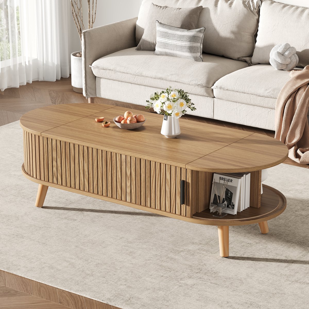 STILVORA Salontafel - Verstelbaar Tafelblad Met Verborgen Opbergruimte - Met Roldeuren Voor Woonkamer - MDF; Naturel - 120x50x39,5 Cm
