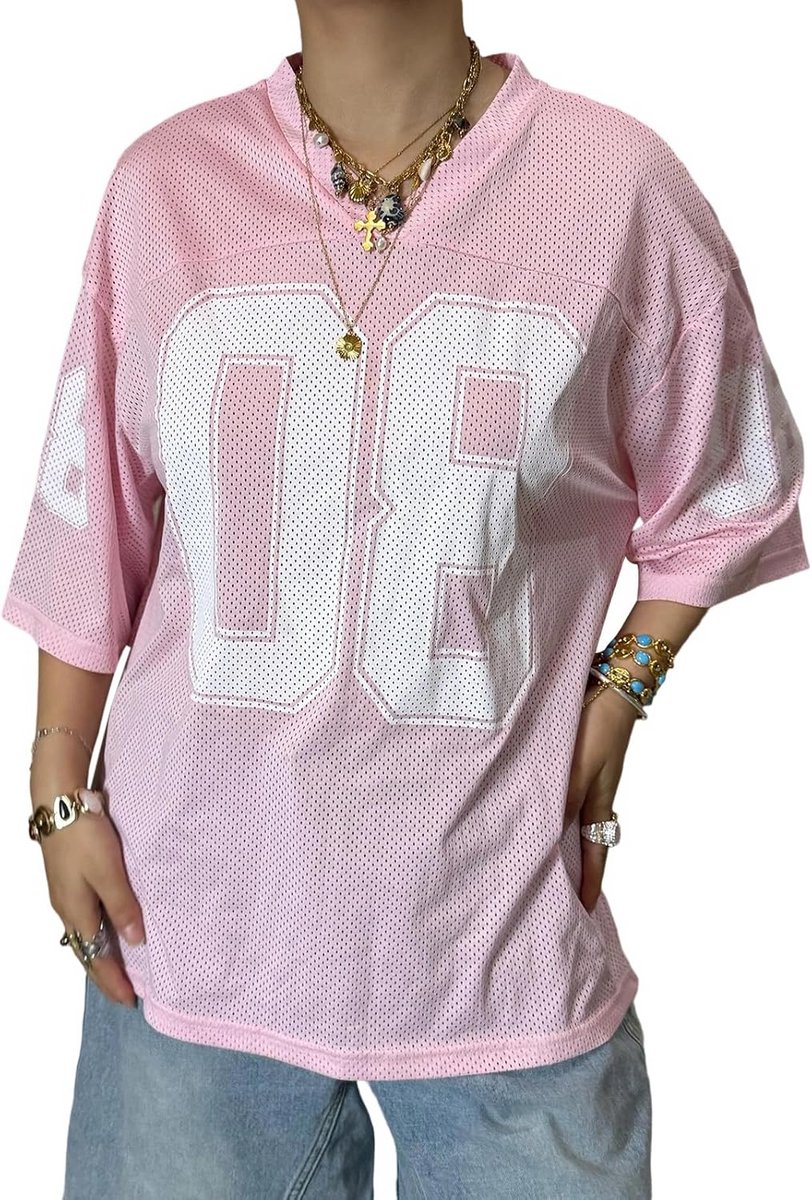 Dames T-shirt met Grafische Nummer Print V-hals Korte Mouwen Y2K Stijl