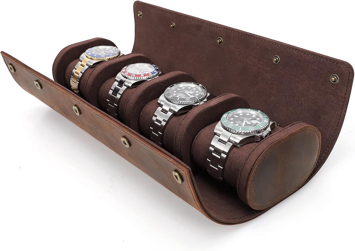 Reis Horlogebox Leer voor 4 Horloges - Cilindrische Beschermhoes met Zachte Voering