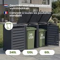 Drie donkergrijze kliko-ombouwen, waarvan er twee gevuld zijn met groene vuilnisbakken van 240L en 60L.