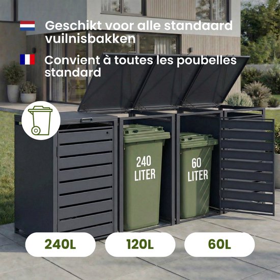 Drie donkergrijze kliko-ombouwen, waarvan er twee gevuld zijn met groene vuilnisbakken van 240L en 60L.