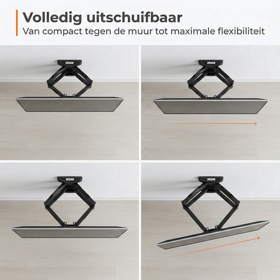 Uitschuifbare tv-muurbeugel in vier posities: compact, uitgeschoven, gekanteld en volledig uitgeschoven.