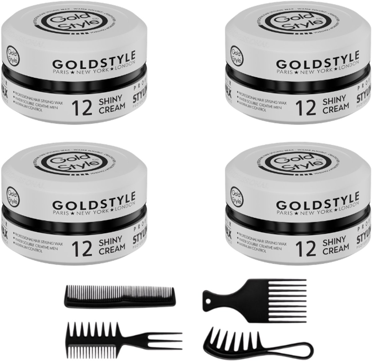 Gold Style Haar Wax Nummer 12 SHINY CREAM (4 Stuks) + 4 Styling kammen - Haar Wax Mannen
