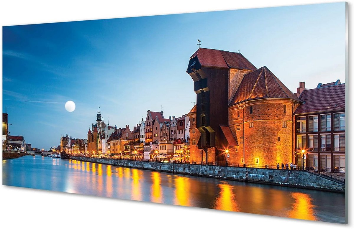 Gehard Glas Schilderij 100x50cm Nachtgezicht Oude Stad Rivier - Wanddecoratie