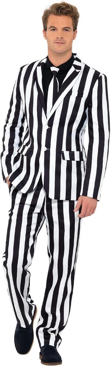 Zwart-wit gestreept pak voor heren, compleet met jas, broek en stropdas
