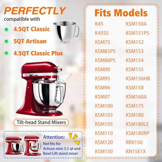 Roestvrijstalen Mengkom met Handvat voor 4.5-5 QT Stand Mixer - Vaatwasmachinebestendig van Merkloos — afbeelding 5