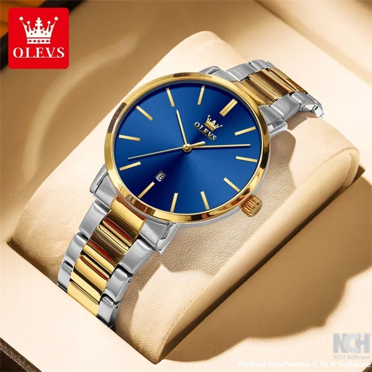 HO-0701.gz-bl : Olevs simpel zilver-goudkleurig edelstalen heren quartz horloge, blauwe wijzerplaat, kalenderdag