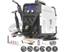 STAHLWERK MTM-200 ST 3-in-1 gasbeschermd lasapparaat | 200 A combi-omvormer voor TIG, MIG/MAG, MMA, FLUX, CuSi3 solderen | HF ontsteking | synergische draadaanvoer | VRD en warme start | 2-takt / 4-takt modus
