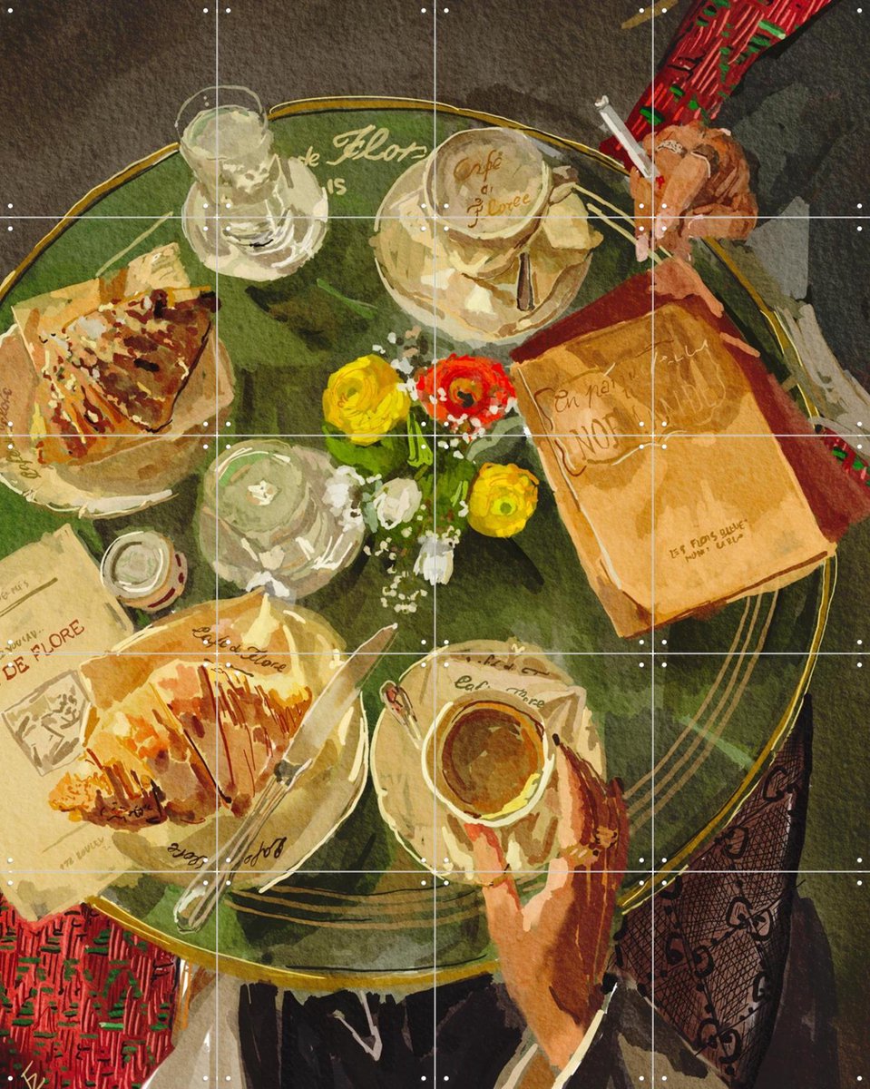 IXXI Croissant at Caffe de Flore, Ekaterina Zagorska - 80 x 100 cm - Gratis ophangtool - Grote wanddecoratie en posters - Speels, Aquarel