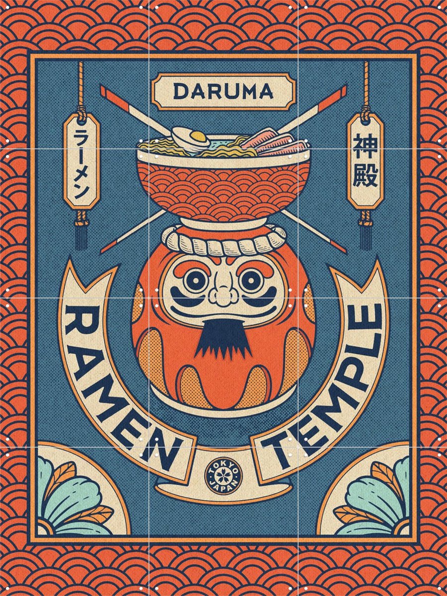 IXXI Ramen Temple Daruma, Ryan Ragnini - 60 x 80 cm - Gratis ophangtool - Grote wanddecoratie en posters - Kleurrijk, Illustraties, Grafisch Ontwerp