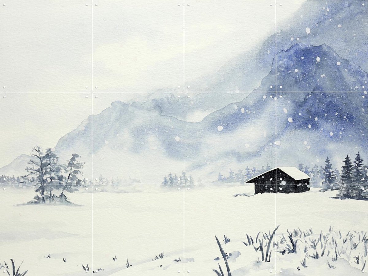 IXXI Snowfall at the Remote Wooden Cabin, Natalie Bruns - 80 x 60 cm - Gratis ophangtool - Grote wanddecoratie en posters - Aquarel, Impressionisme
