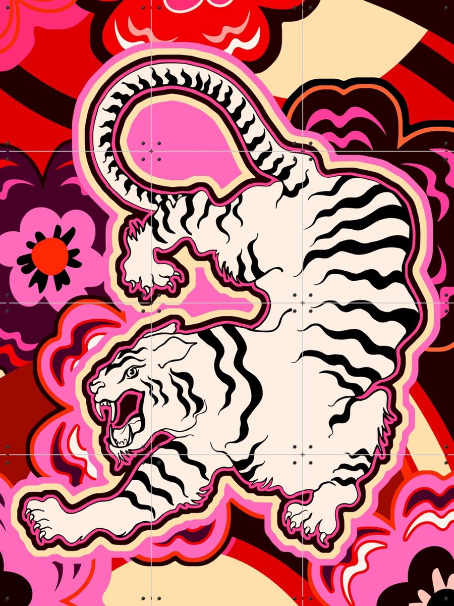 IXXI White Tiger Japanese Flowers Pink, Marylène Madou - 60 x 80 cm - Gratis ophangtool - Grote wanddecoratie en posters - Pop art, Kleurrijk