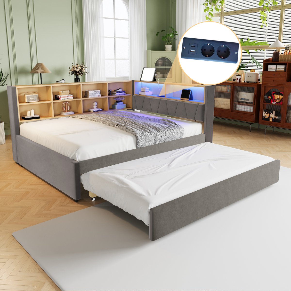 FloraGrace Slaapbank 140x200cm – Met Uitschuifbed 90x190 – Led Verlichting En Oplaadpunten – Met Opbergvakken – Zonder Matras – Flanel – Donkergrijs