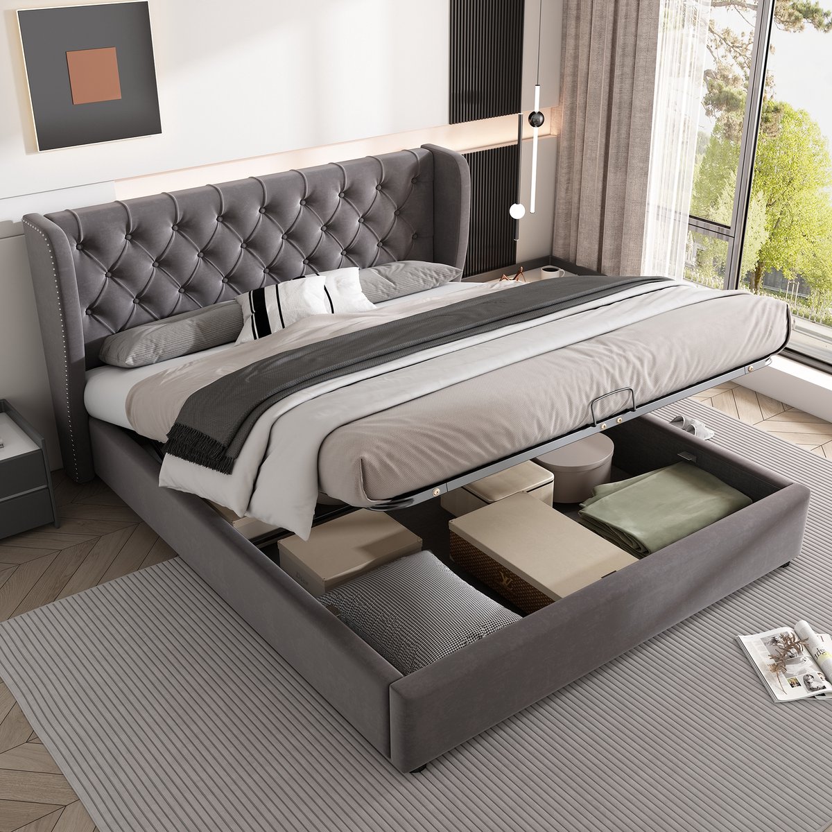 FloraGrace Gestoffeerd Bed 140x200 Cm – Chesterfield Hoofdbord Met Oren – Hydraulische Opbergruimte Met Lattenbodem – Zonder Matras – Fluweel – Grijs
