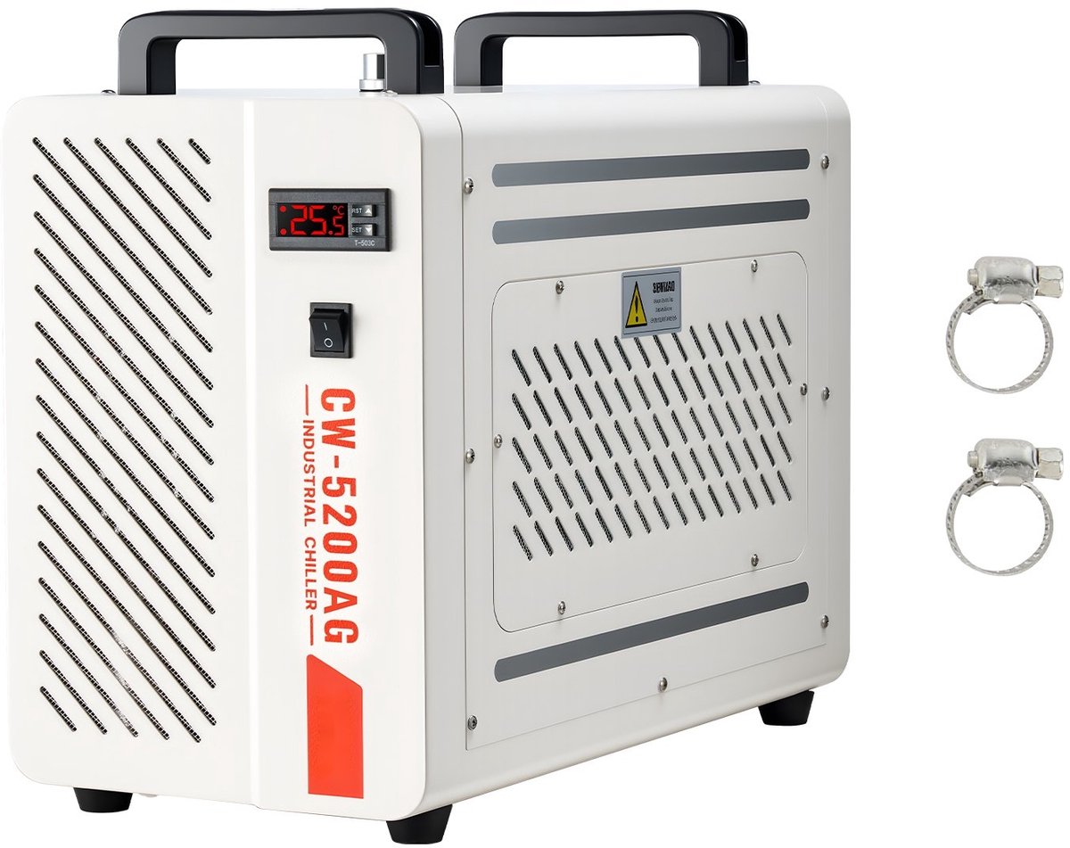 Industriële waterkoeler - Waterkoelsysteem met compressor - Koelvermogen 1,6 kW - Watertank 7 l - Max. debiet 13 l/min - Voor CO2-lasergraveer- en snijmachines