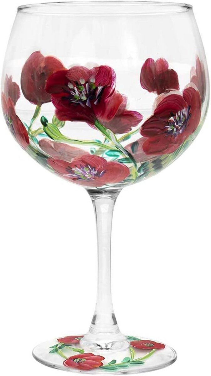 Handgeschilderd wijnglas met klaprozenprint en geschenkverpakking