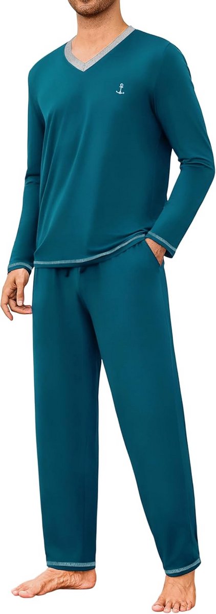 Comfortabele Katoenen Winterpyjama voor Heren met Lange Mouwen en V-Hals