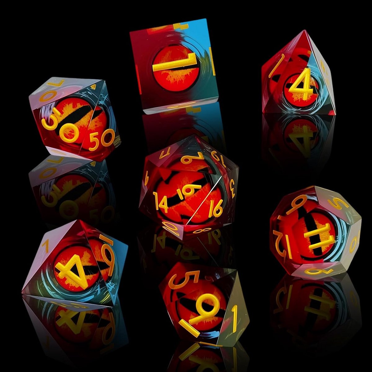 7-delige D&D Dobbelsteen Set met Drakenoog Design voor Rollenspellen
