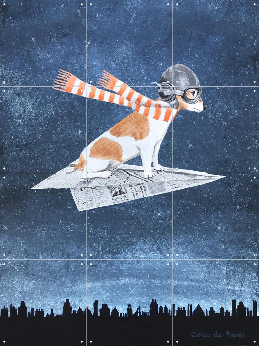 IXXI Jack Russell on paper plane, Coco de Paris - 60 x 80 cm - Gratis ophangtool - Grote wanddecoratie en posters - Fantasierijk, Speels, Surrealisme