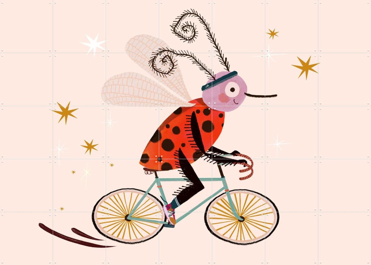 IXXI Insect op Fiets, Lena Addink - 140 x 100 cm - Gratis ophangtool - Grote wanddecoratie en posters - Grafisch Ontwerp, Fantasierijk, Illustraties