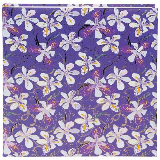 Paars fotoalbum met een patroon van witte en paarse orchideeën met gouden accenten.
