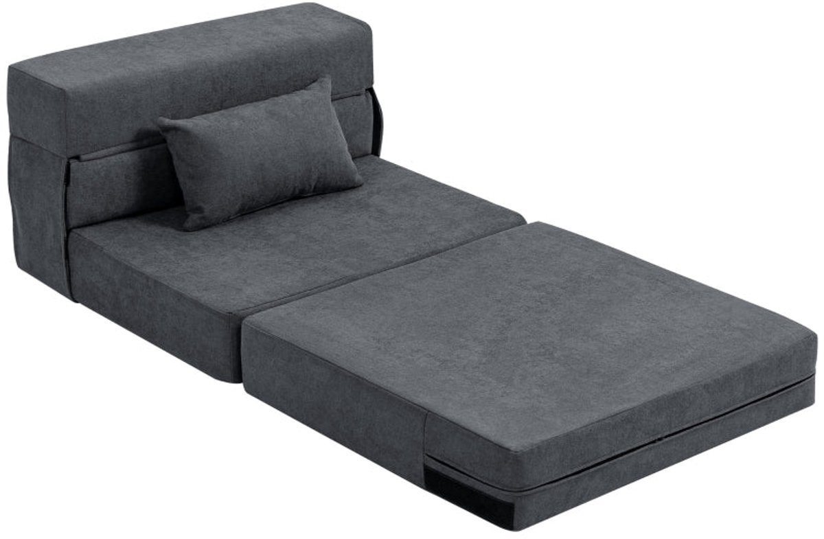 Merax 3-in-1 Slaapstoel Met Bedfunctie – Opklapbare Vloerbank En Chaise Longue – Inclusief Lendenkussen – Flanelllook – Donkergrijs – Bed 210x80x15 cm