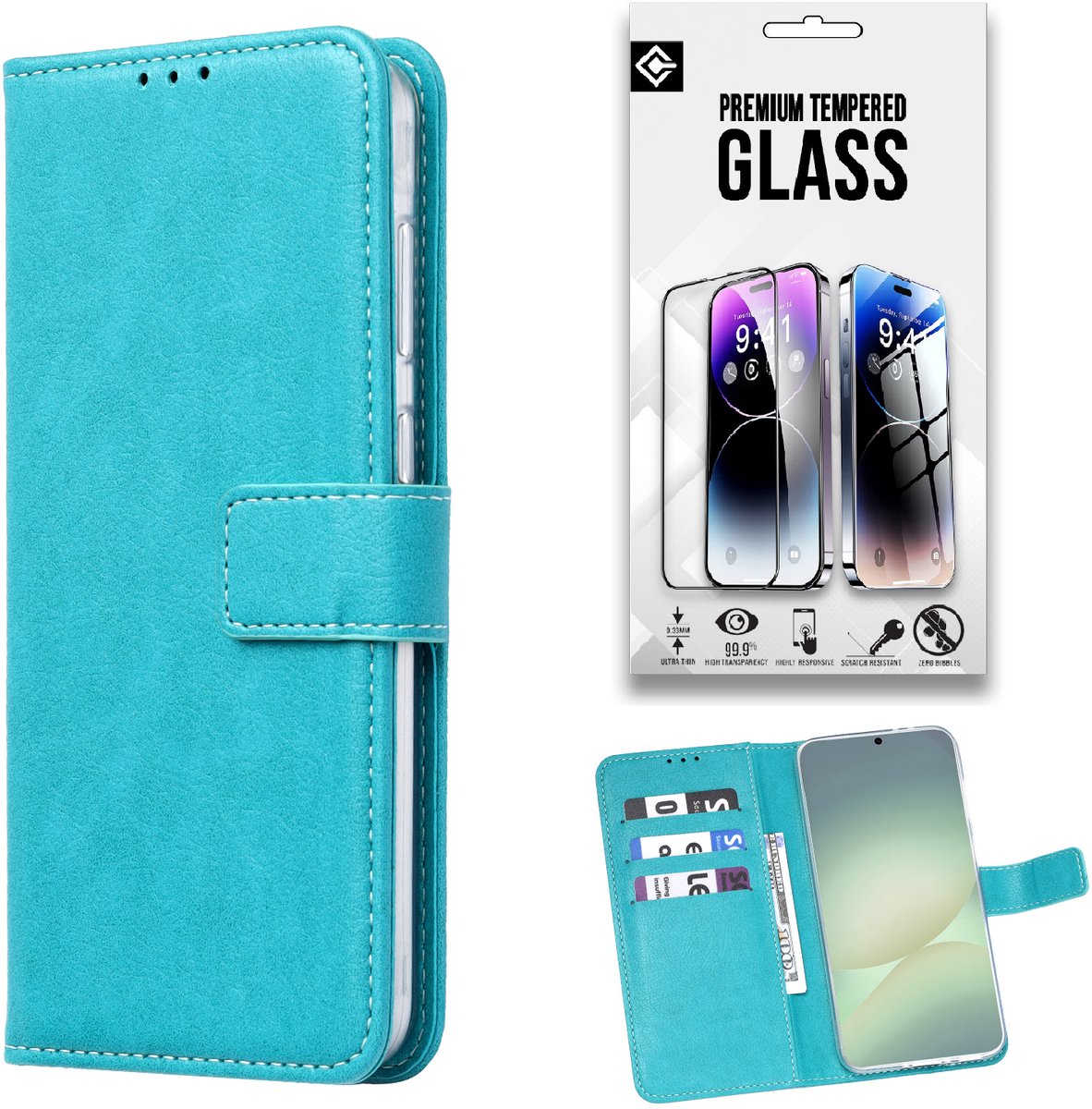 Casemania Hoesje Geschikt voor Samsung Galaxy A37 - Turquoise - Portemonnee Book Case + 1x Glazen Screenprotector