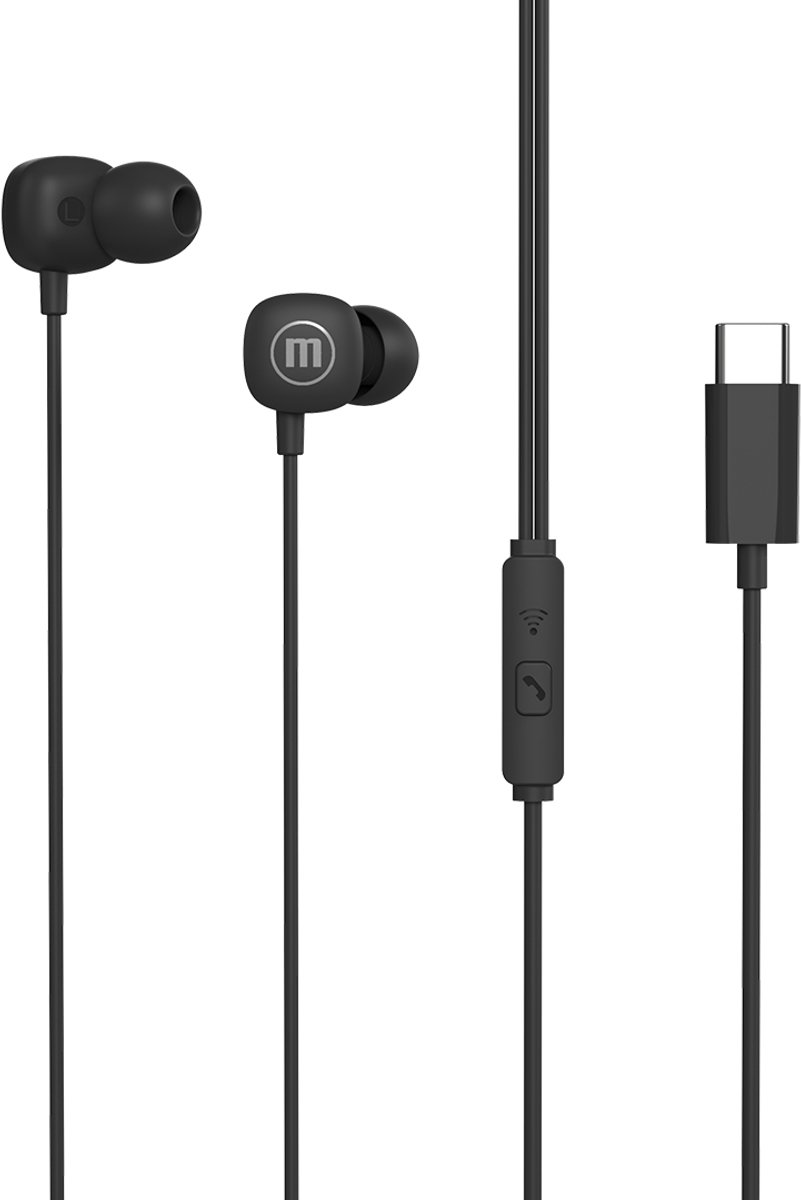 Maxell Square+ In-Ear oordopjes - USB-C aansluiting - 120 cm kabel - Microfoon - Comfortabele pasvorm - Stereo geluid - Zwart [52041BK]