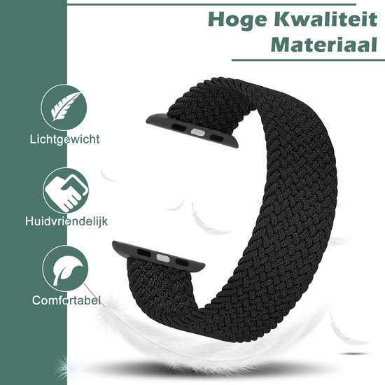 Zwart gevlochten nylon bandje voor Apple Watch, lichtgewicht, huidvriendelijk en comfortabel.