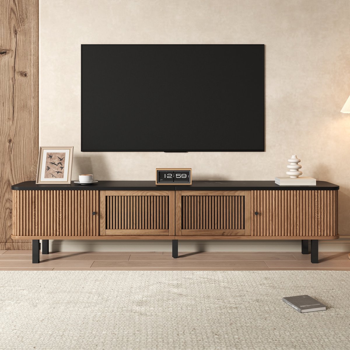PHOEBE CAT TV-kast - Schuifdeuren - Gaasdeuren - 190 x 35 x 45 cm - Zwart + Natuurlijke