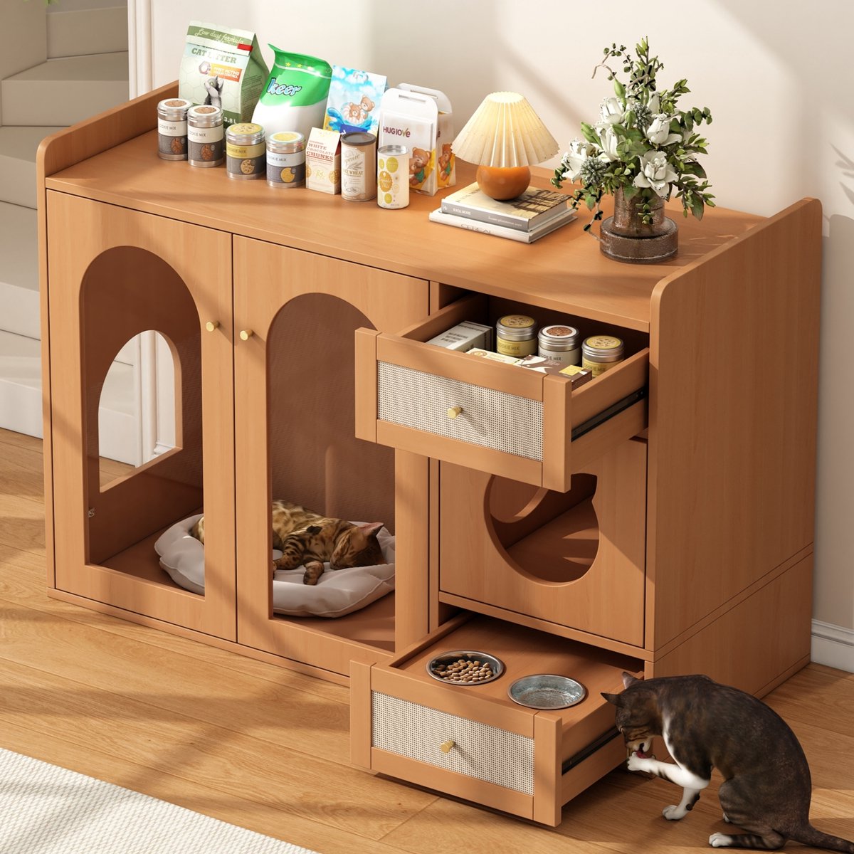Kattenhuis - 120x45x83 cm - Kattenbakkast met Voerbakken - Multifunctioneel met Opbergruimte - Hout - Walnoot