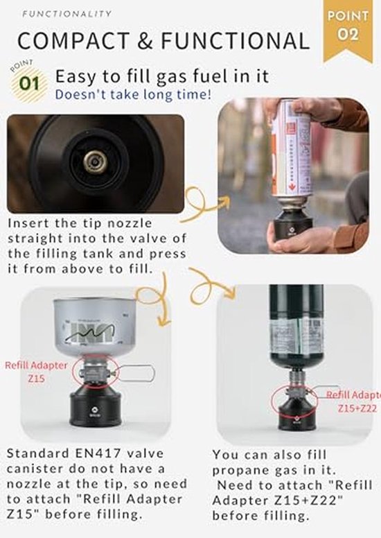Navulbare gasbus voor camping en backpacking - EN417 Lindal ventiel 35g met adapters — afbeelding 3