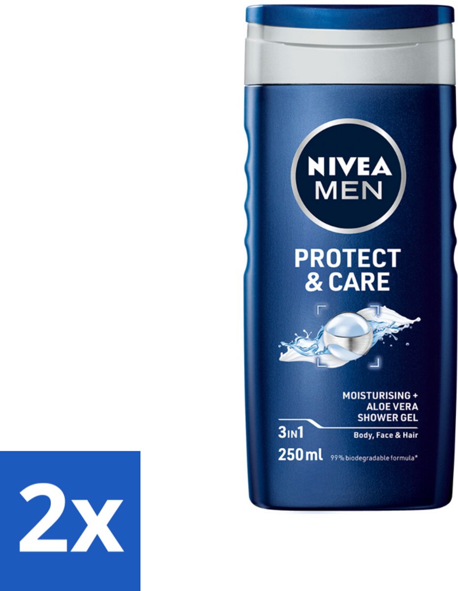 2 x NIVEA Men Douchegel Protect & Care 250 ml - Douchegel Voor Mannen - Aloë Vera Douchegel - Lichaam En Haar Verzorging - Hydraatende Douchegel - PH-huidneutraal