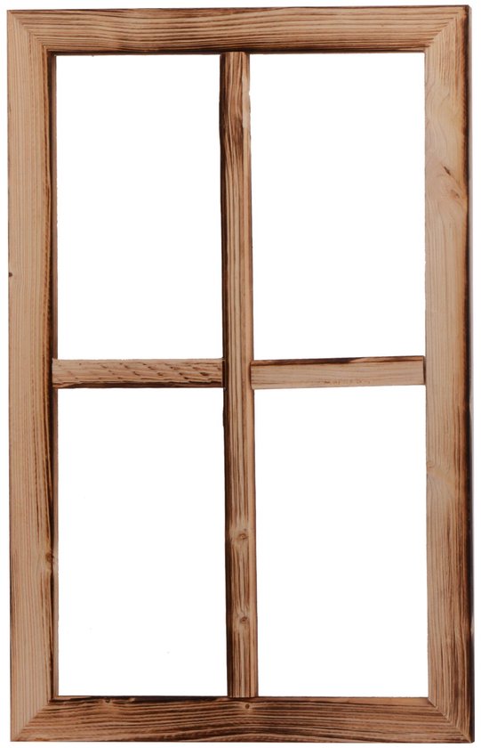 Cadre de fenêtre rustique en bois flammé avec quatre sections, 50x32x2 cm.