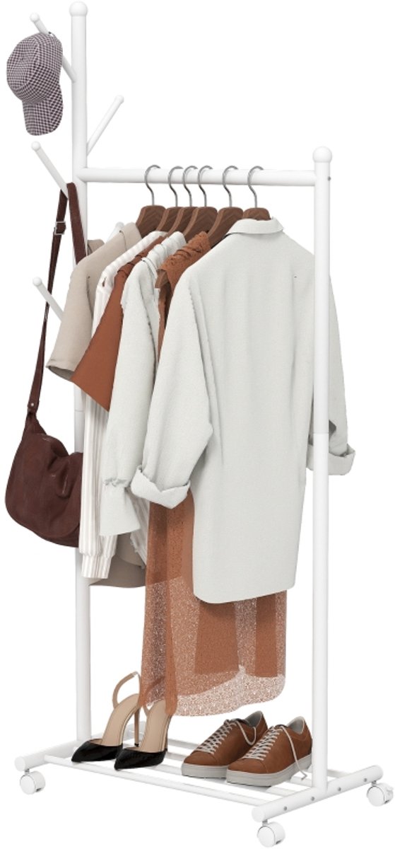 MODFU Luxe Kledingrek op Wielen - 3-in-1 Garderoberek met Boomkapstok & Schoenenrek - Wit Metaal - 171 cm Hoog – foto 4