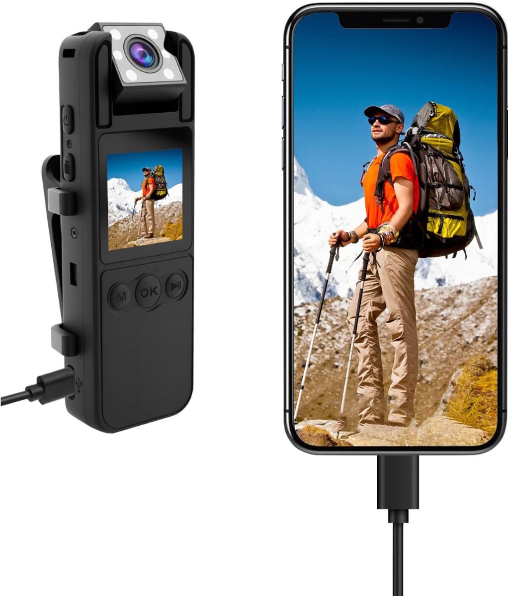 Bodycam - Action Cam - Spycam - Bewegingsdetectie - 180º Draaibare Lens - Bodycam Politie - Full HD - Zwart