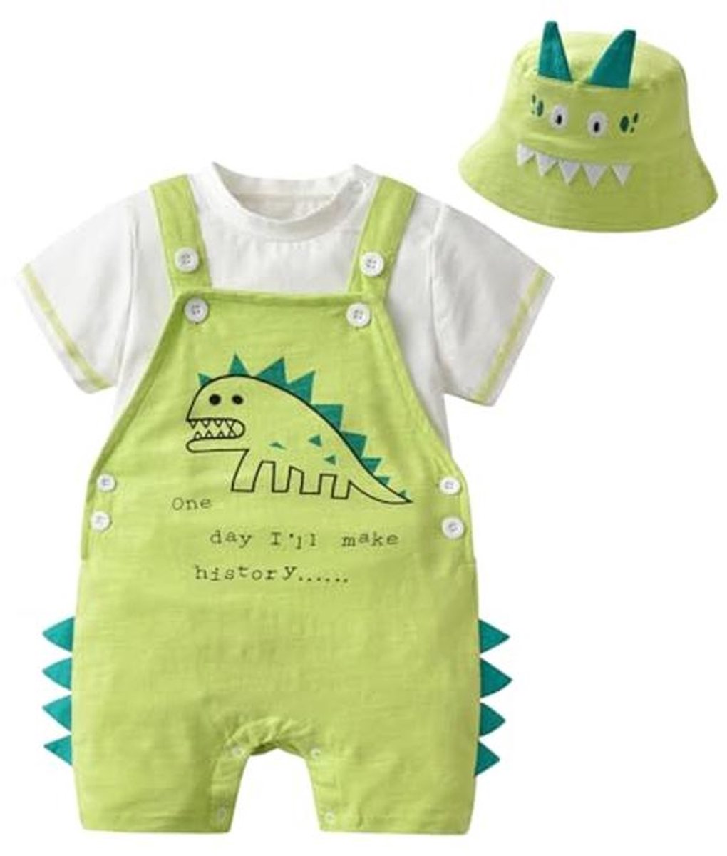 Uniseks 3-delige Babyset met Korte Jumpsuit, T-shirt en Hoed