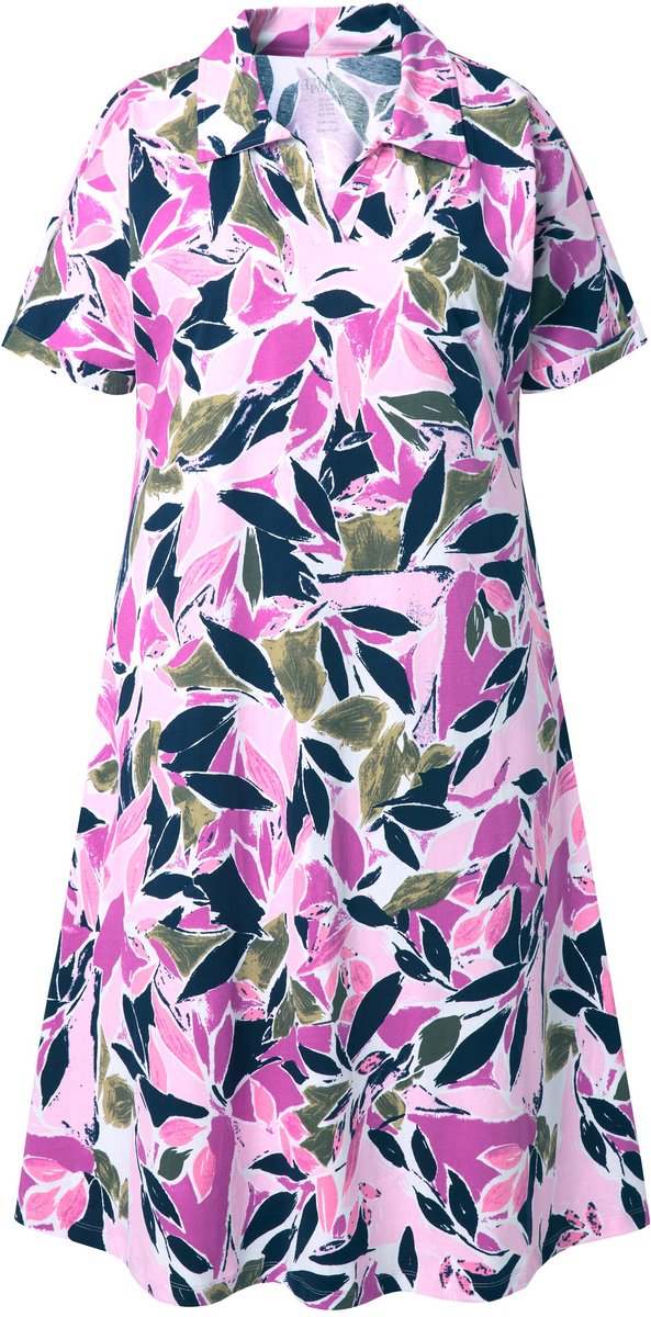 Ulla Popken Dames - Midi-jurk bloemen A-lijn overhemdkraag korte mouwen - Olijfgrijs - Maat 58+