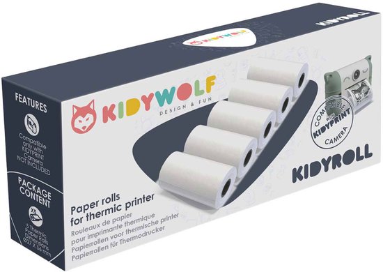 Emballage de rouleaux de papier thermique Kidywolf Kidyroll avec cinq rouleaux blancs et une image de la caméra Kidyprint.