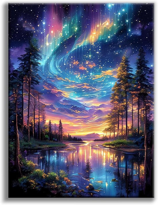 Gedetailleerde diamond painting van de Aurora borealis, met bomen, een rivier en reflecties in levendige kleuren.