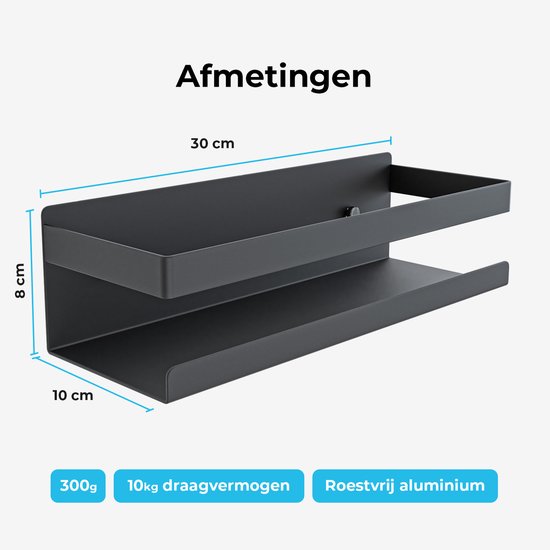 Afmetingen van zwart doucherek: 30 cm lang, 8 cm hoog, 10 cm diep.