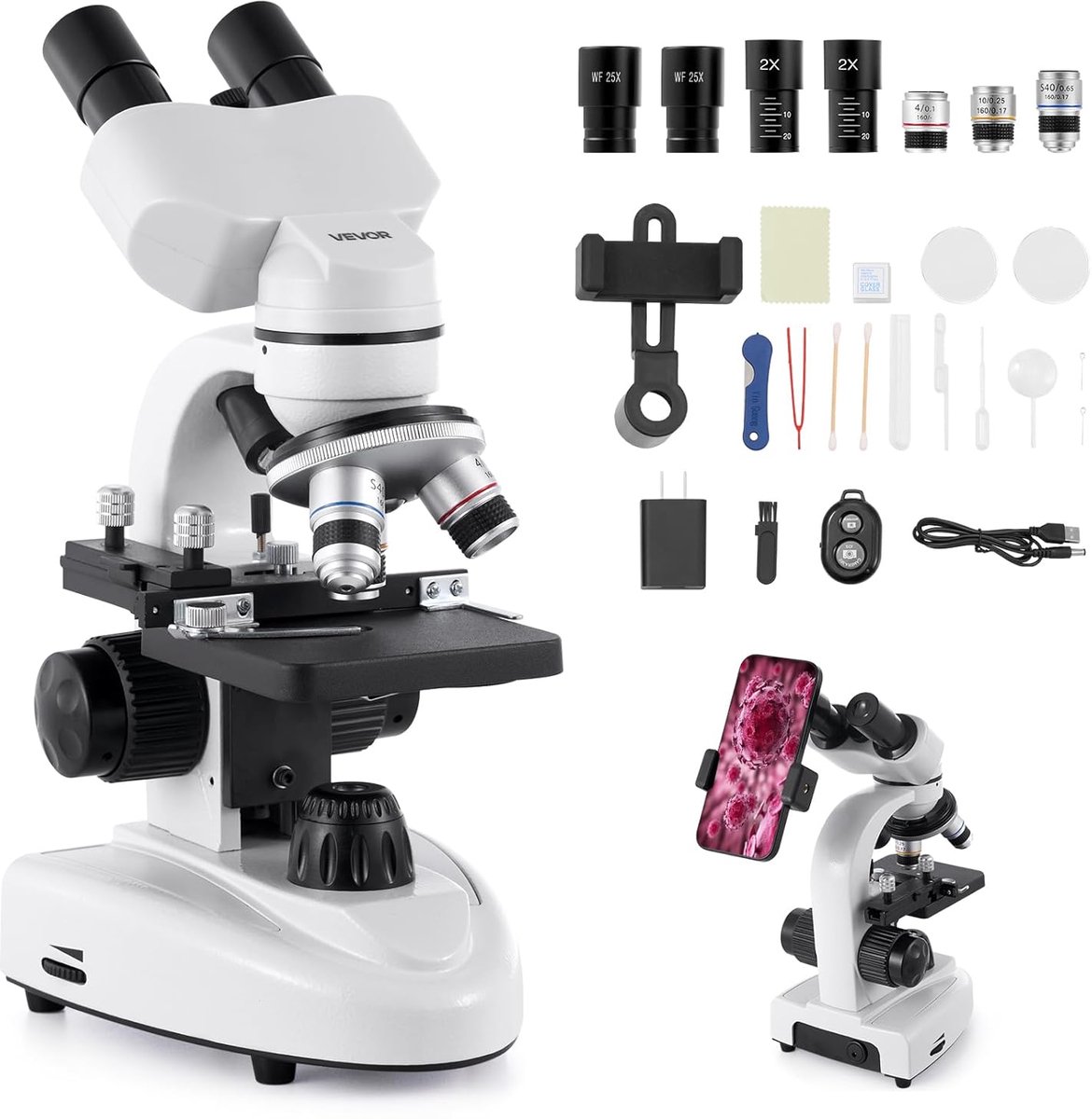 Binoculaire Microscoop - 40x-2000x Vergroting - Professionele Laboratorium Microscoop - LED Verlichting - Inclusief Telefoonhouder - Aluminium Behuizing - Biologische Microscoop - School - Thuis - Studenten - Onderzoek - Microscoop Set