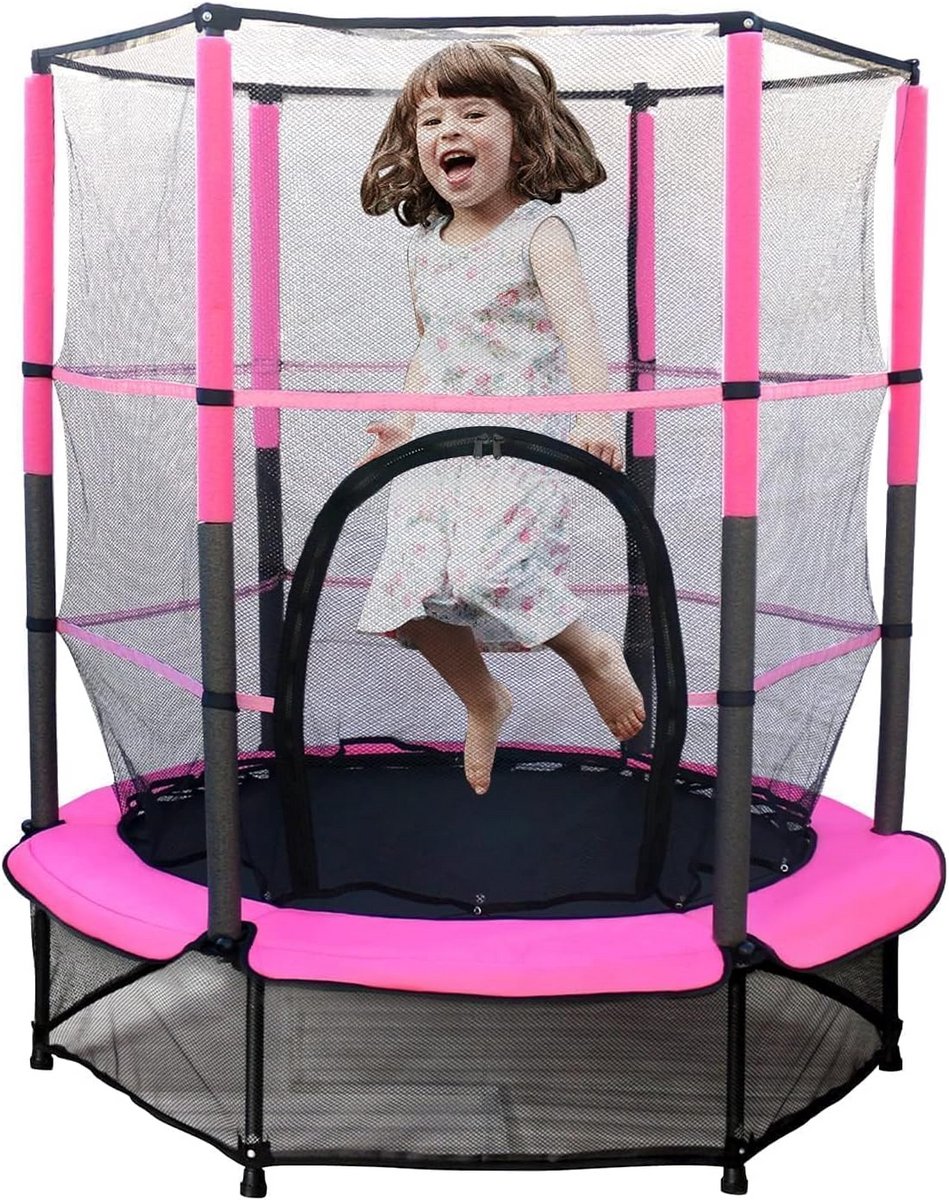 Indoor en Outdoor Kindertrampoline Ø 140 cm met Veiligheidsnet en Gevoerde Veiligheidsafdekking voor Kinderen
